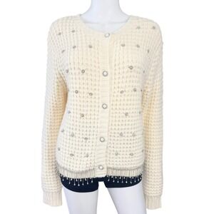 Balboa Bling Cardigan Rhinestone Fringe Coquette Grandma Soft Glam Sweater L
